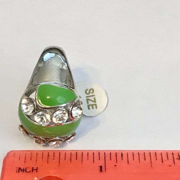 Vintage Green Enamel Cocktail Ring Silver Plated Crystal Rhinestone Size 8 Boho - Picture 10 of 10